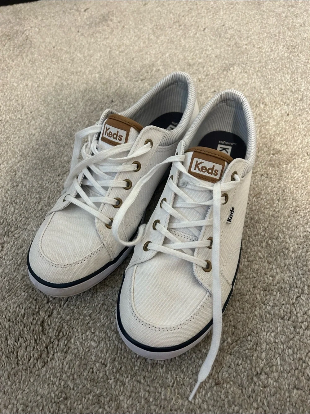 Keds White Canvas Center III Sneakers with Navy Trim and Tan Logo